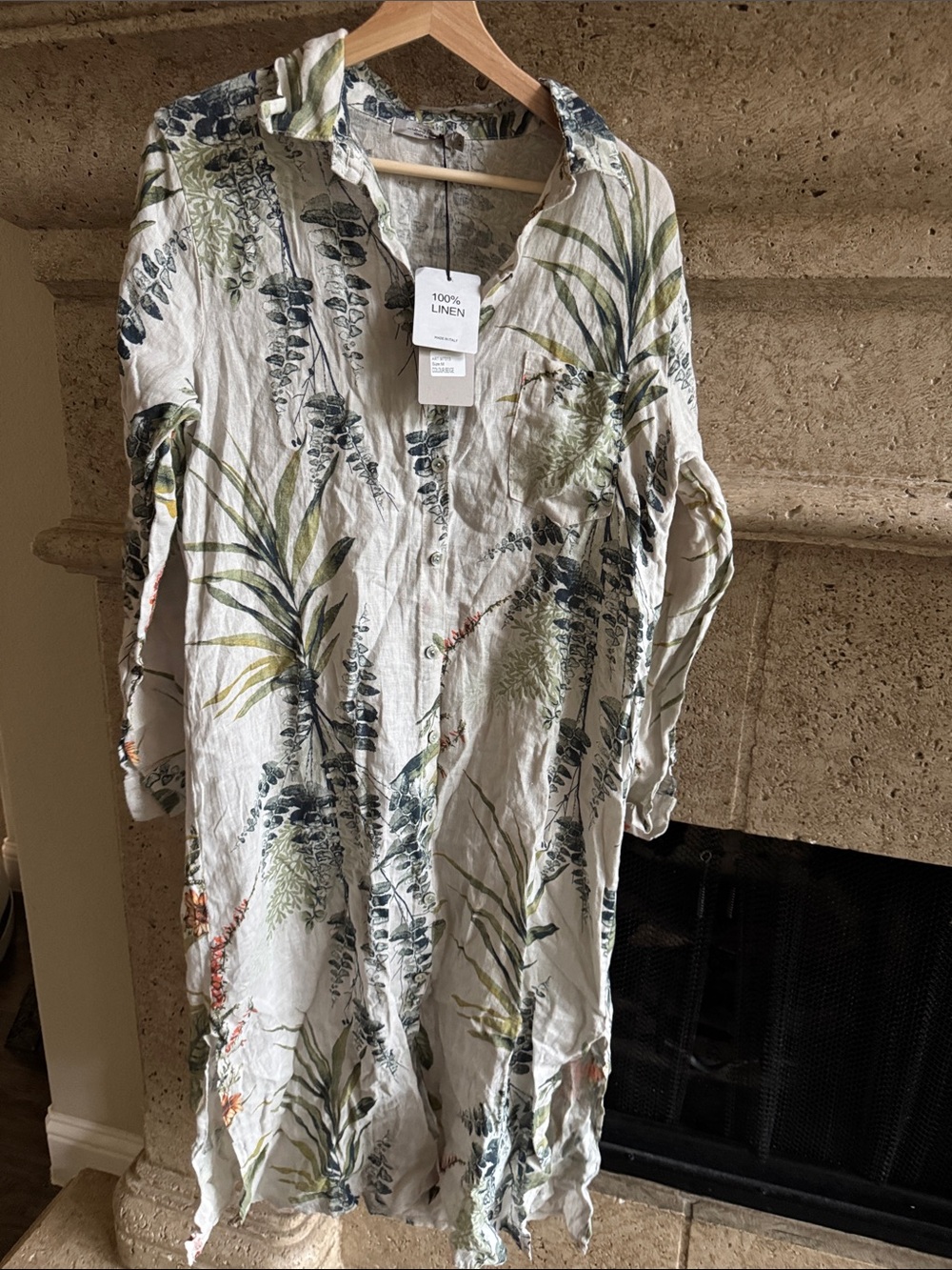 100% Italian Linen NWT Floral Print women’s button down dress. Maxi
